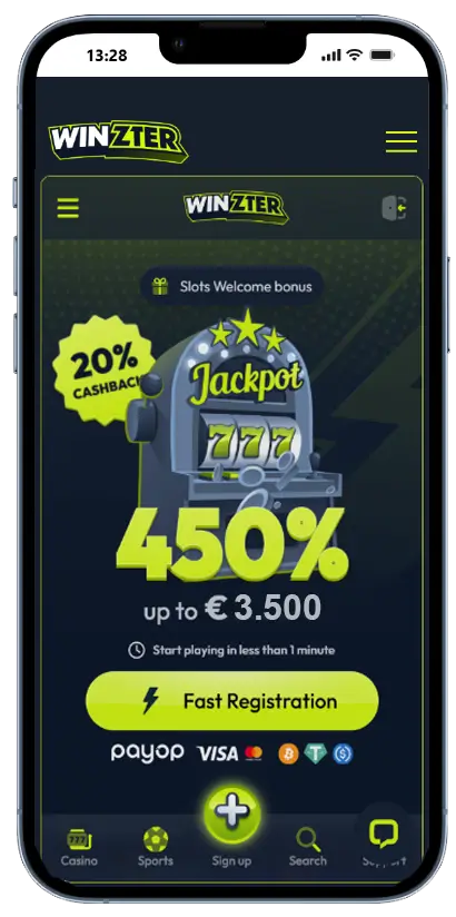Winzter Casino – Slots welkomstbonus en snelle registratie Winzter Casino mobiele app met een welkomstbonus van 450% tot €3.500 en 20% cashback op slots
