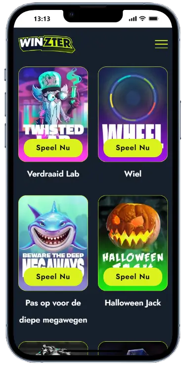 Winzter Casino – Populaire casinospellen in de mobiele app Winzter Casino spelenoverzicht op mobiel met games zoals Verdraaid Lab, Wiel, Beware the Deep Megaways en Halloween Jack